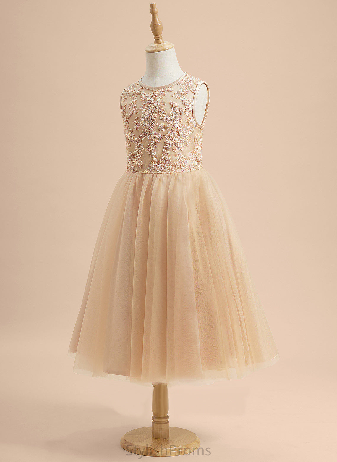 Tea-length Dress A-Line Flower Girl Dresses Scoop With - Neck Beading/Sequins Girl Flower Kiera Sleeveless Tulle/Lace