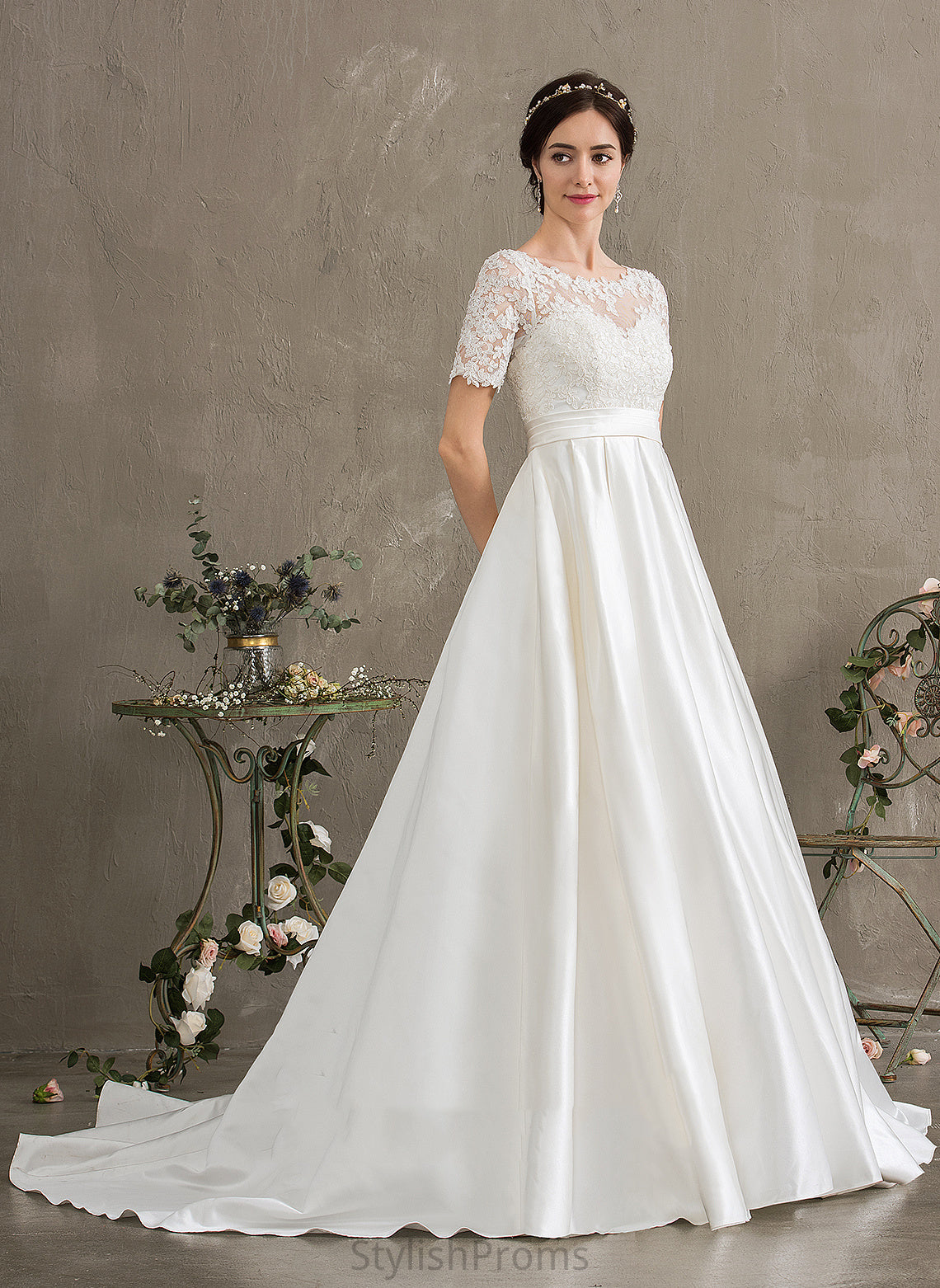 Beading Court Wedding Dresses Kiera Lace Wedding Sequins Train Pockets Satin With Dress Ball-Gown/Princess