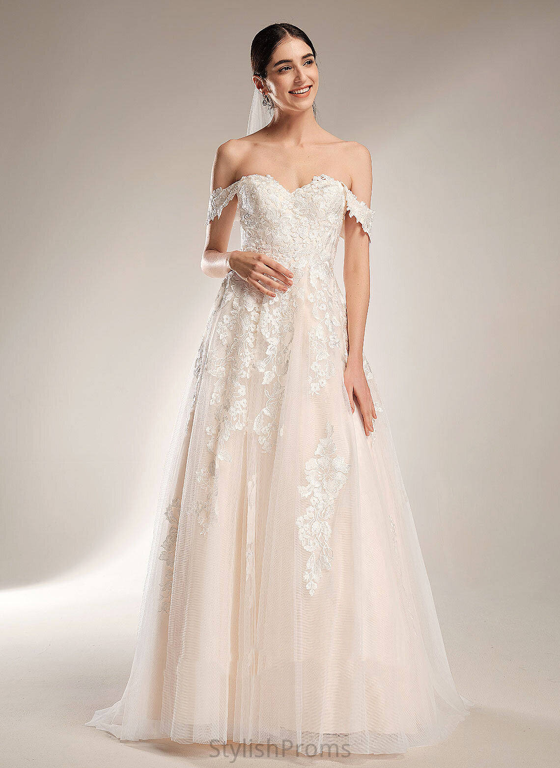 Tulle Ball-Gown/Princess Lace Off-the-Shoulder Dress Wedding Wedding Dresses Kinsley Chapel Train