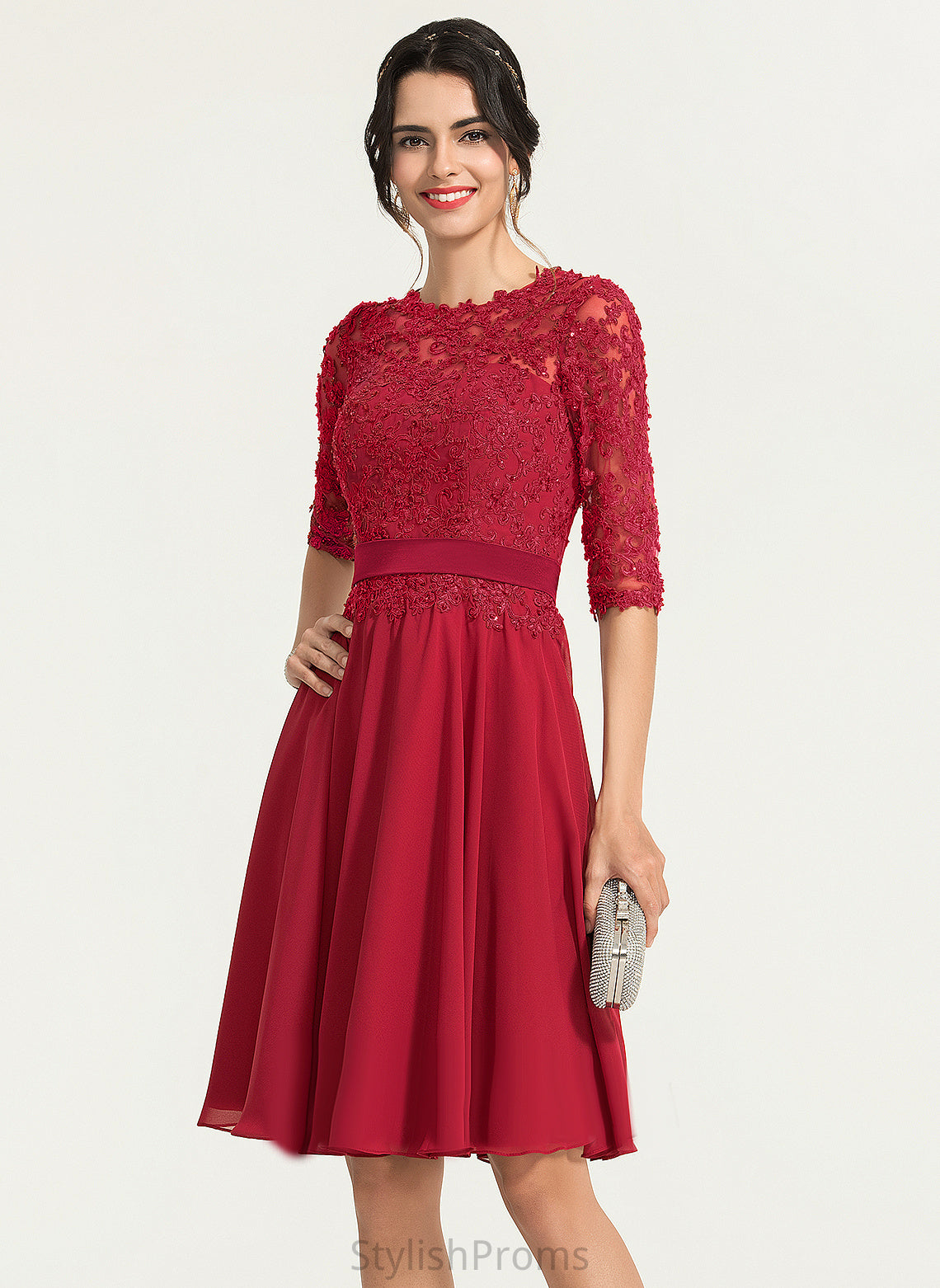 Chiffon Jean A-Line Cocktail With Neck Cocktail Dresses Knee-Length Dress Lace Scoop Beading