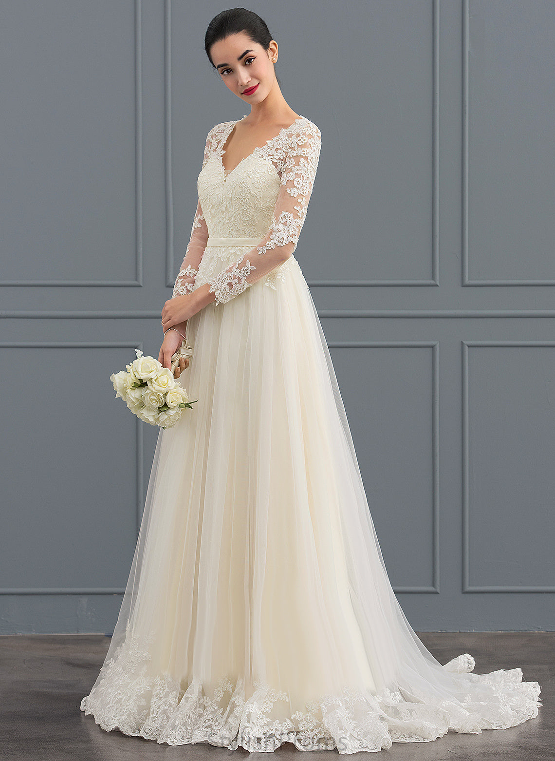 Zoie Train Ball-Gown/Princess Sweep Dress Wedding Lace V-neck Tulle Wedding Dresses