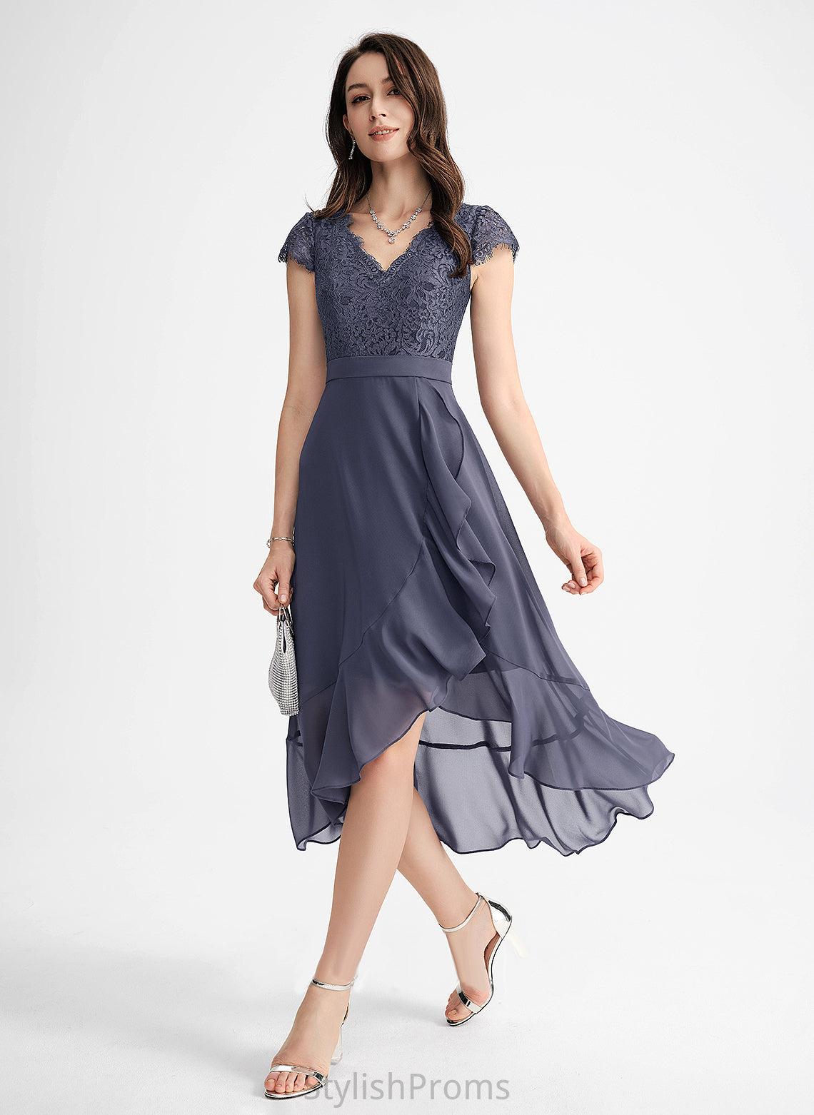 A-Line With Cascading Dress Lace Cocktail Dresses Asymmetrical Cocktail Makena Ruffles V-neck Chiffon