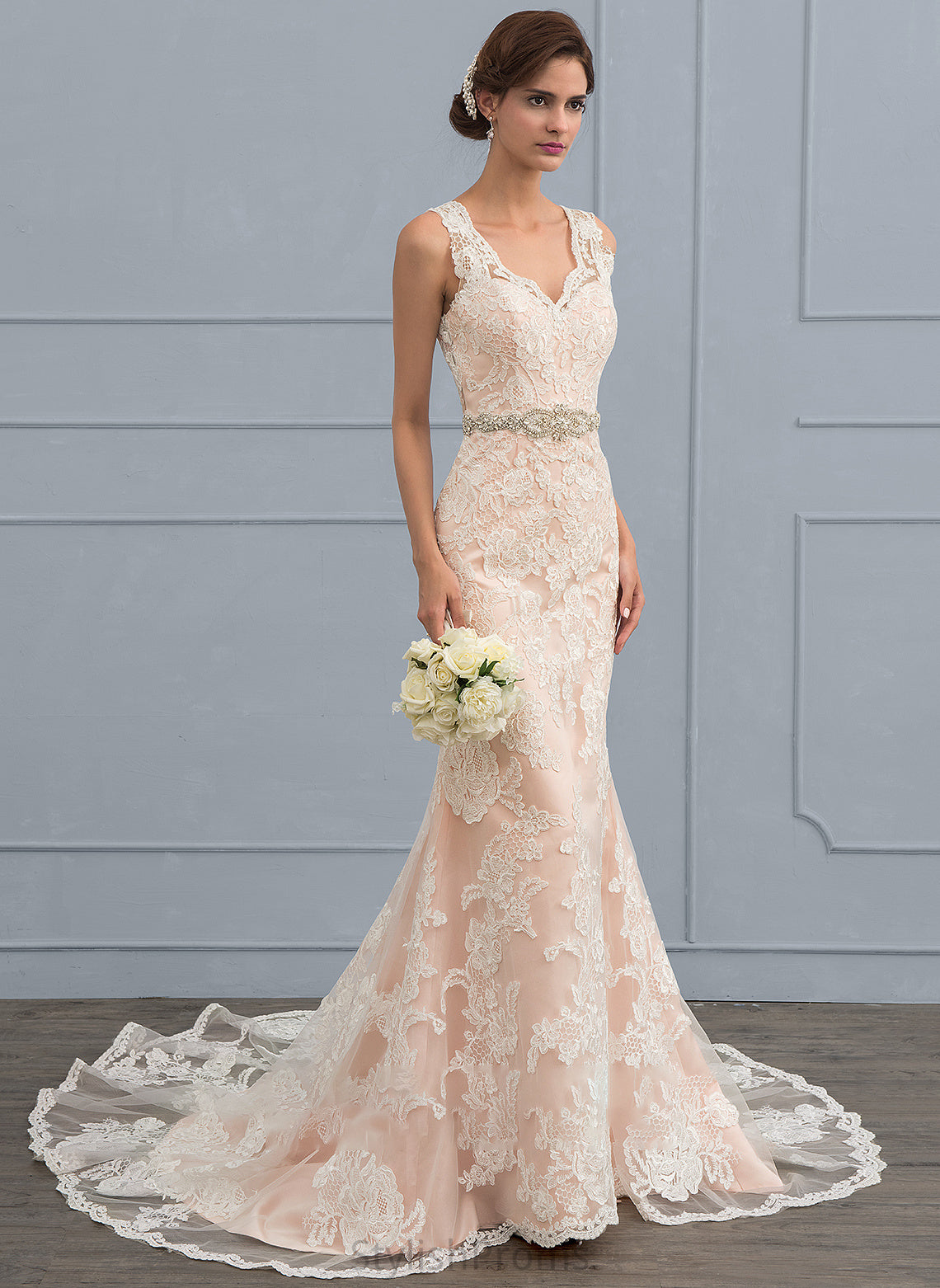 With Wedding Dresses Wedding Dress Train Beading V-neck Trumpet/Mermaid Tulle Chapel Lace Finley