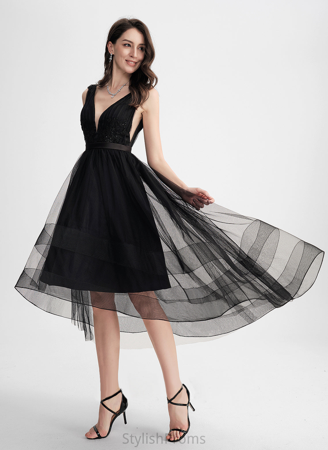 V-neck Tulle Cocktail Dresses A-Line Sequins Lace Asymmetrical With Cocktail Dress Sharon