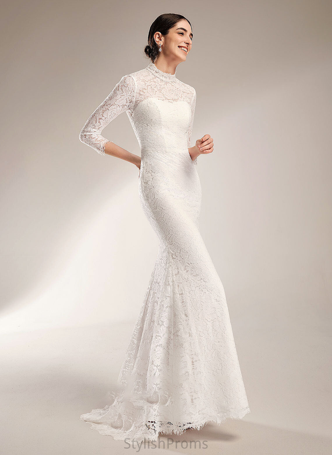 Neck High Dress Wedding Dresses Trumpet/Mermaid Pearl Wedding Train Sweep