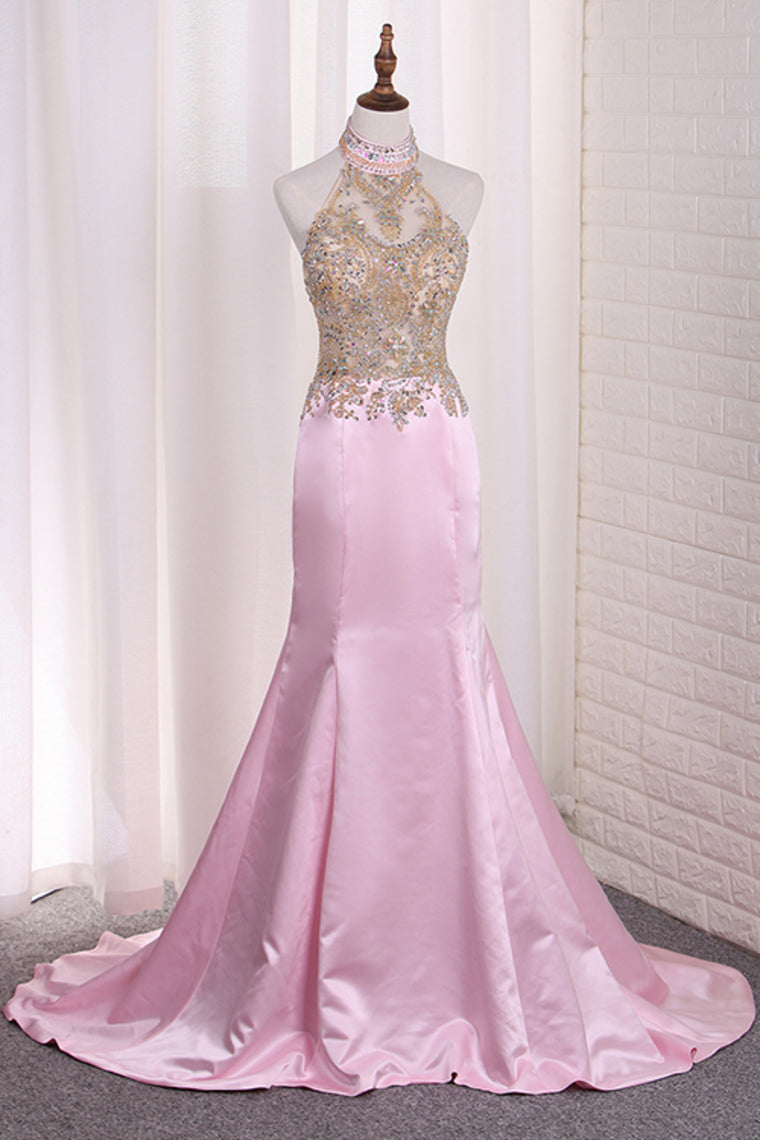 2024 Prom Dresses Mermaid See-Through Halter Beaded Bodice Satin