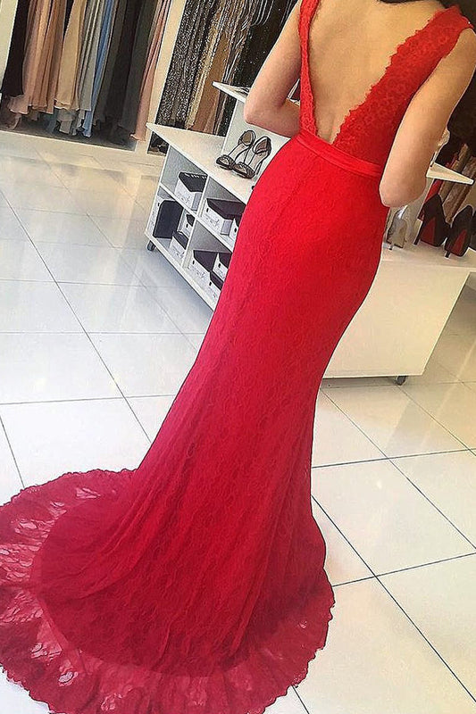 2024 V Neck Mermaid Lace Prom Dresses With Sash Sweep Train