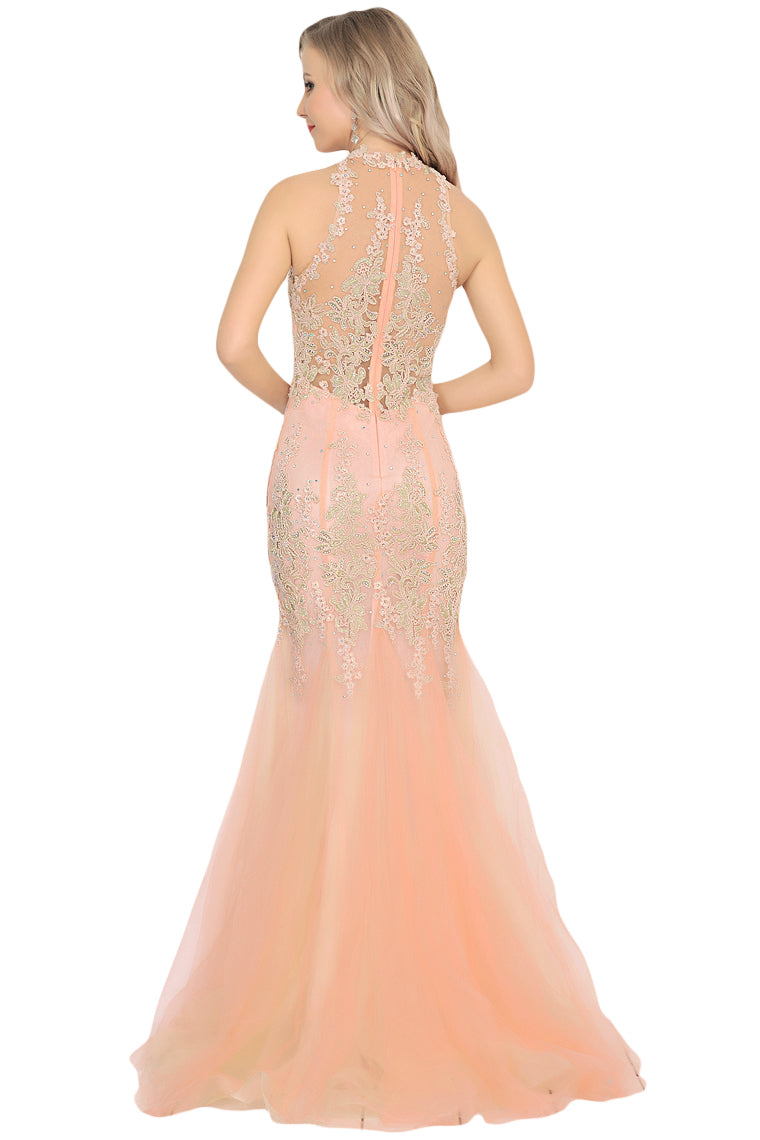 2024 High Neck Tulle With Applique Mermaid Prom Dresses Sweep Train