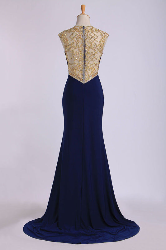 2024 Scoop Neckline Column Beaded Bodice Prom Dresses With Court Train & Slit