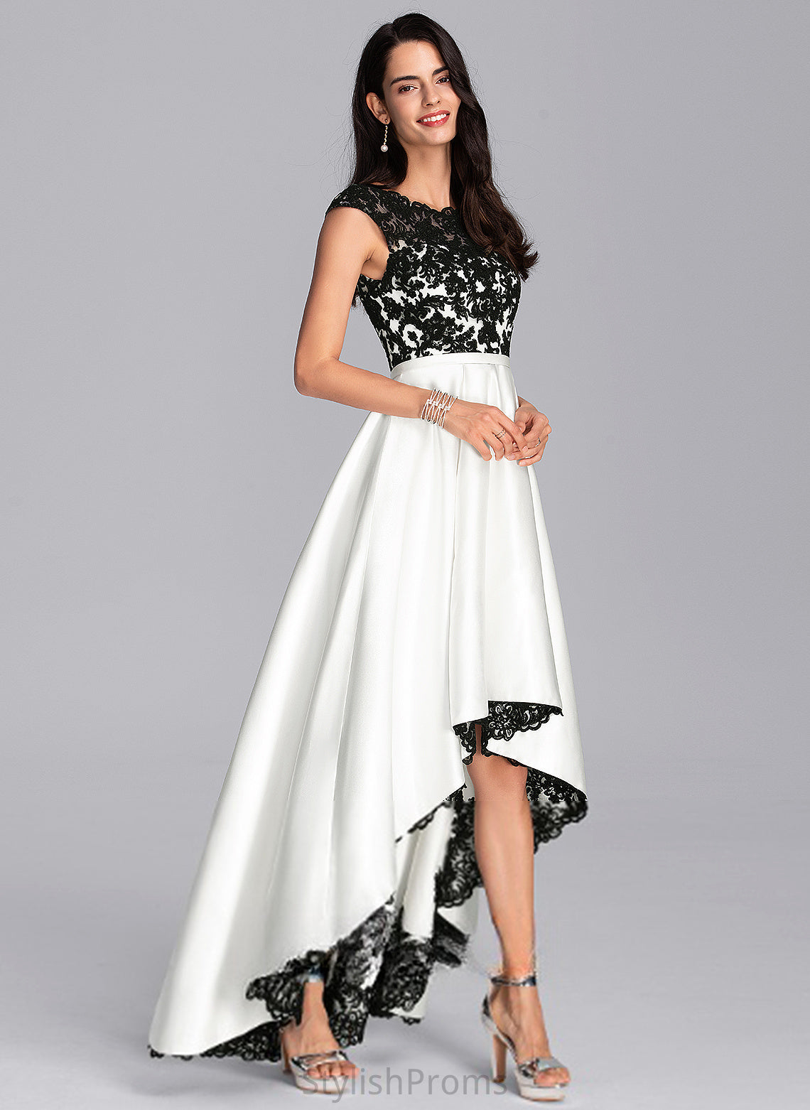 Lace Illusion Jayda Asymmetrical Satin A-Line Scoop Prom Dresses