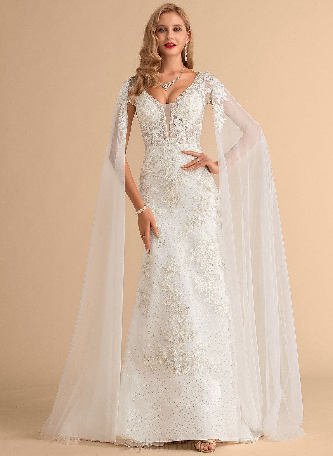 Sequins Lace Trumpet/Mermaid Tulle Nan With Court Train Wedding Dresses Wedding Dress V-neck Beading