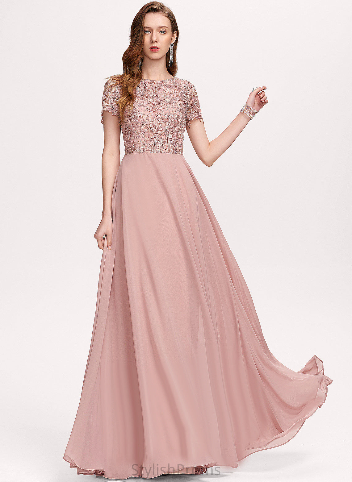 A-Line Floor-Length Neckline Scoop Lace Fabric Silhouette Length Straps&Sleeves Courtney Natural Waist Floor Length Bridesmaid Dresses