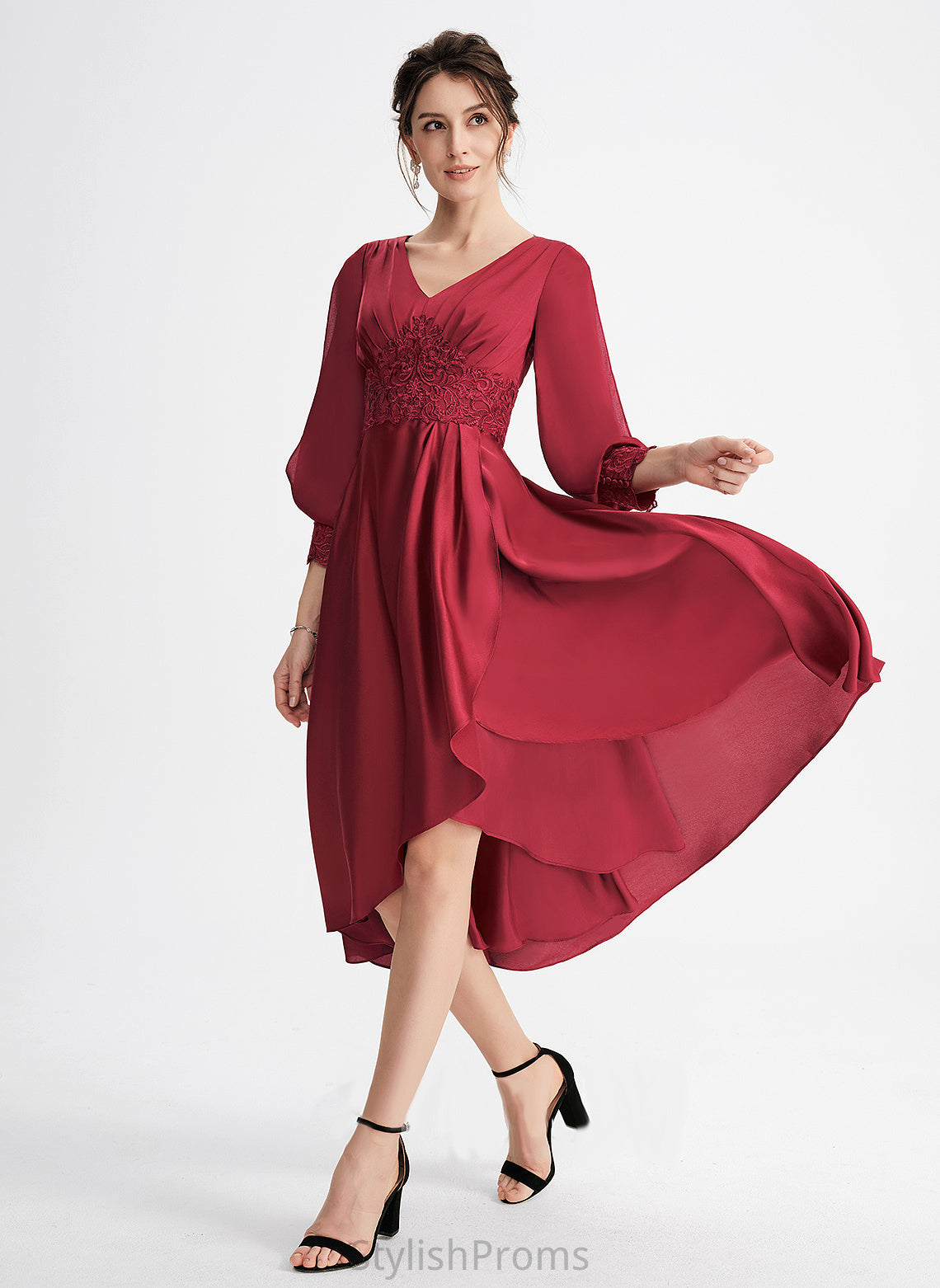 Cocktail Dresses Lailah Asymmetrical Lace V-neck Satin Dress Cocktail A-Line With