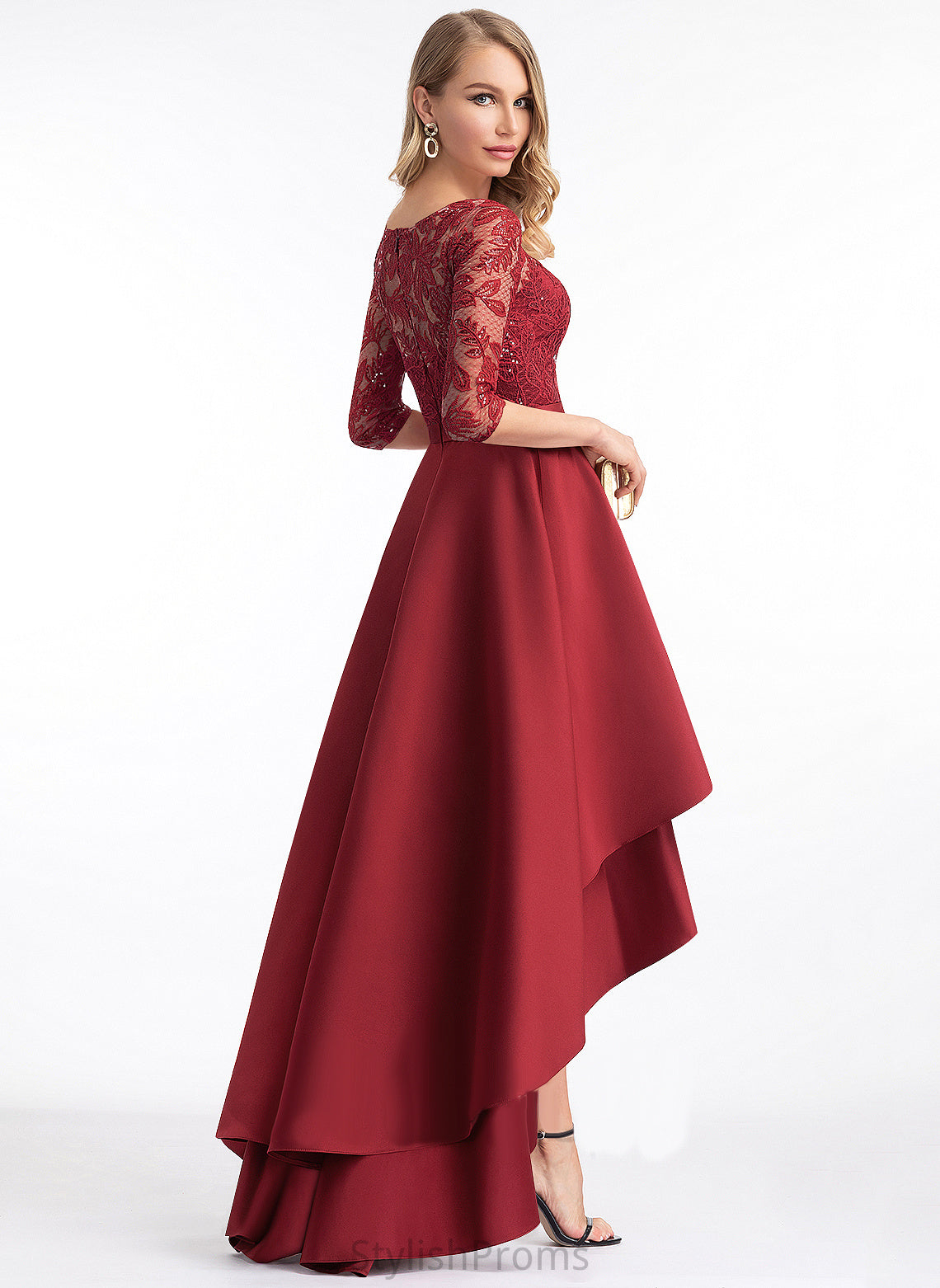 A-line Asymmetrical Round Satin Satin Neck 1/2 Dresses Sleeves Sequins Club Dresses Lace Rosa