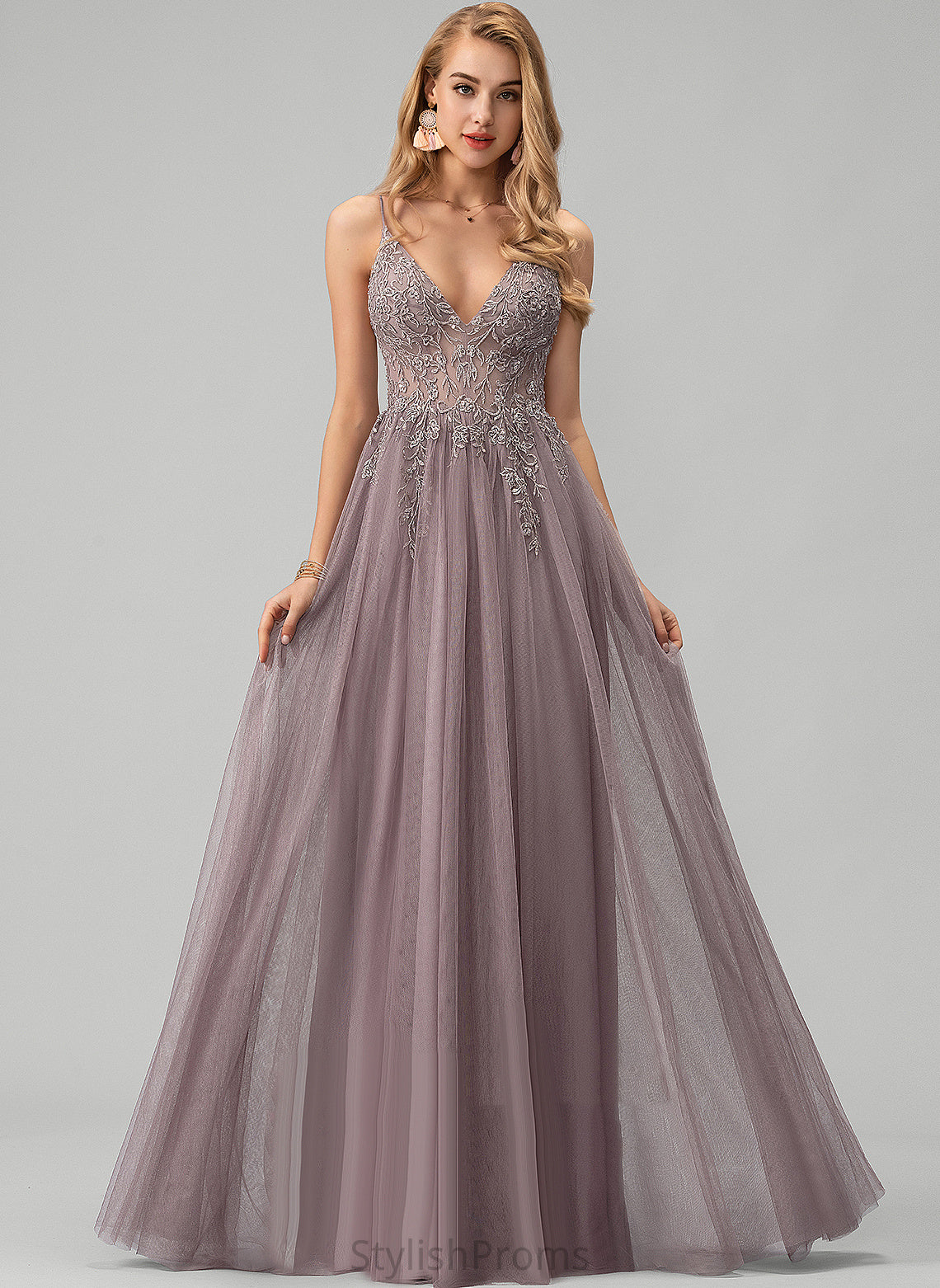 V-neck Beading Sequins A-Line With Prom Dresses Lace Floor-Length Aisha Tulle