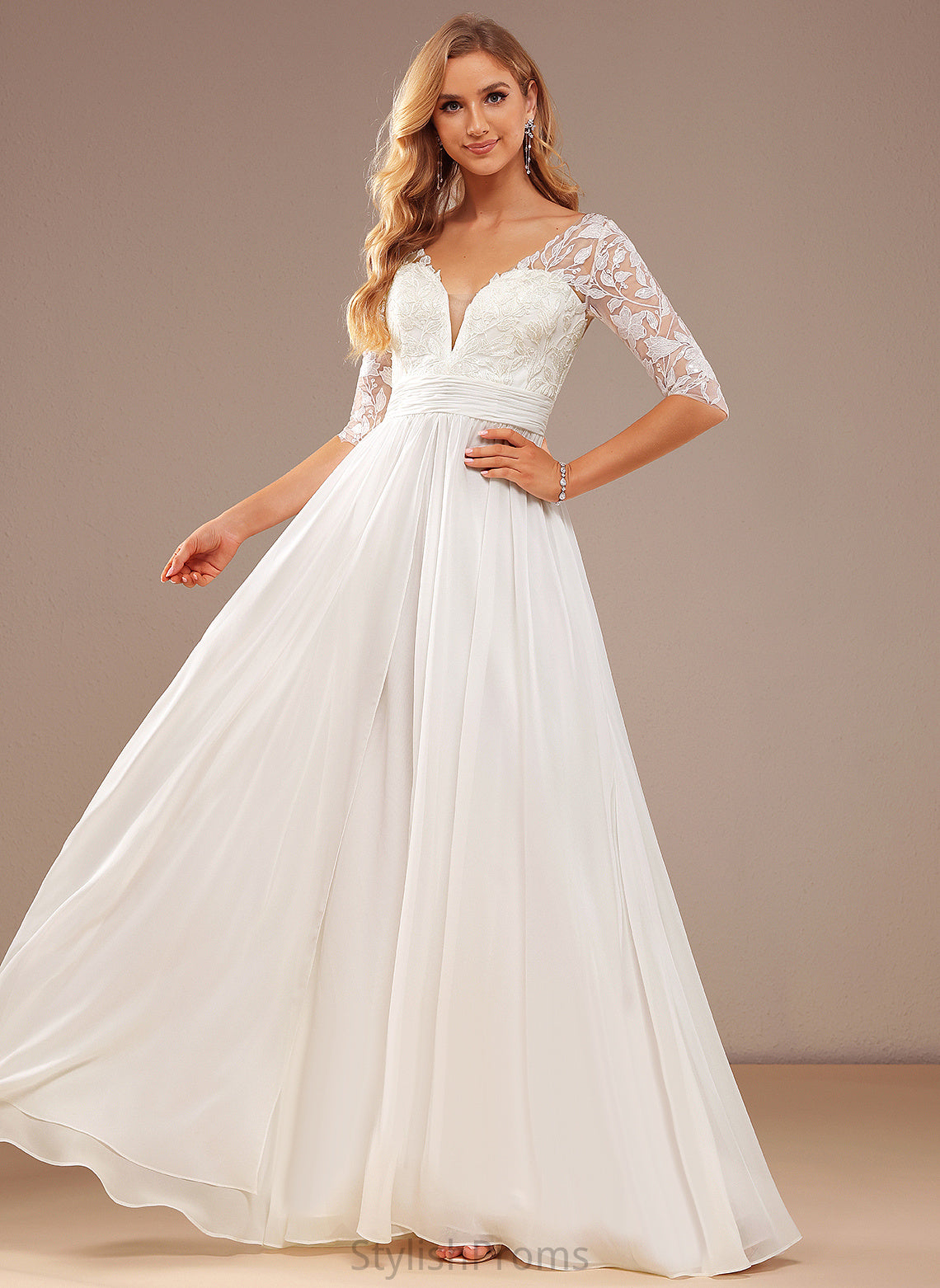 Ruffle Chiffon With Sanai A-Line V-neck Lace Wedding Sequins Wedding Dresses Floor-Length Dress Lace