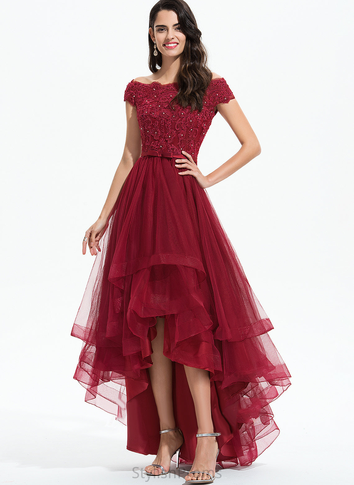 Lace Lace Paisley Asymmetrical With Beading Cocktail A-Line Cocktail Dresses Tulle Off-the-Shoulder Bow(s) Dress