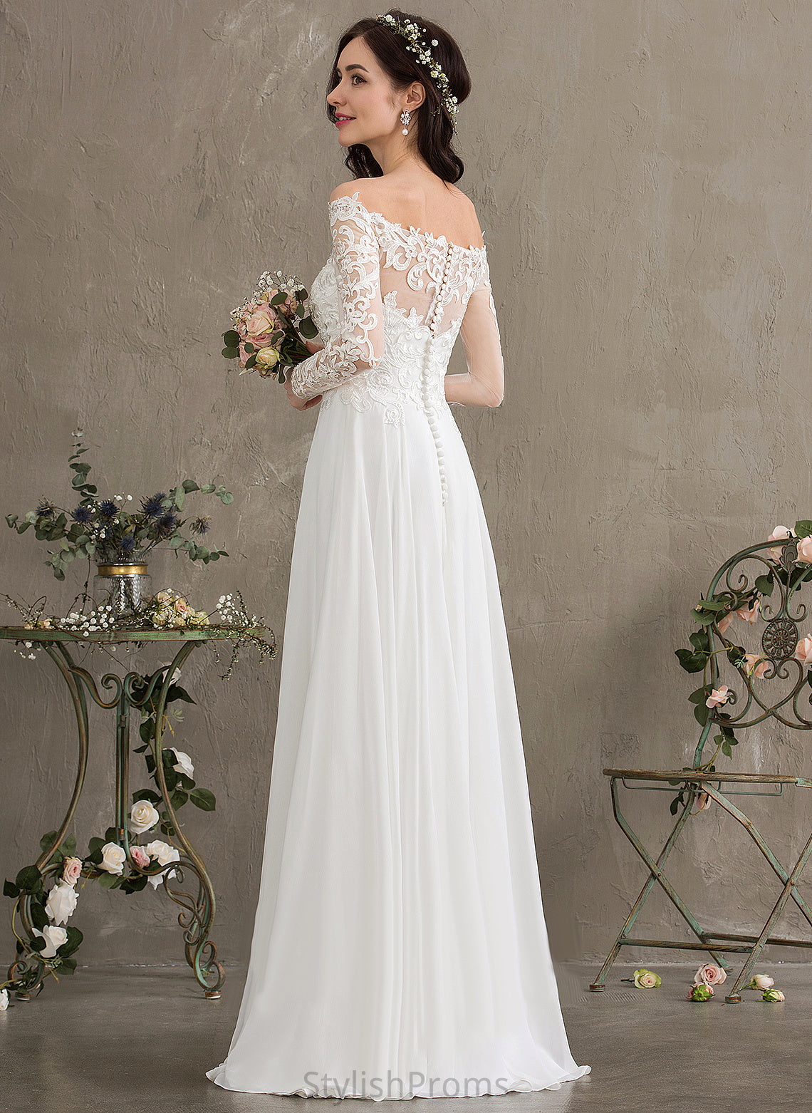 Off-the-Shoulder Karley Wedding Floor-Length Dress Wedding Dresses Lace A-Line Chiffon