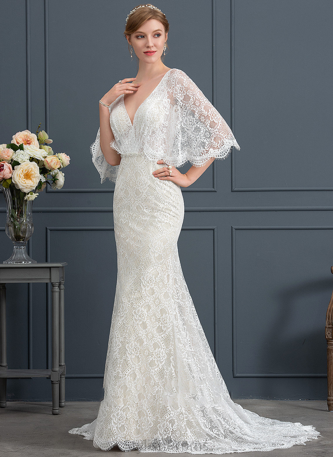 Dress Jessie Trumpet/Mermaid Sweep Beading Sequins Wedding Wedding Dresses Train Lace V-neck With