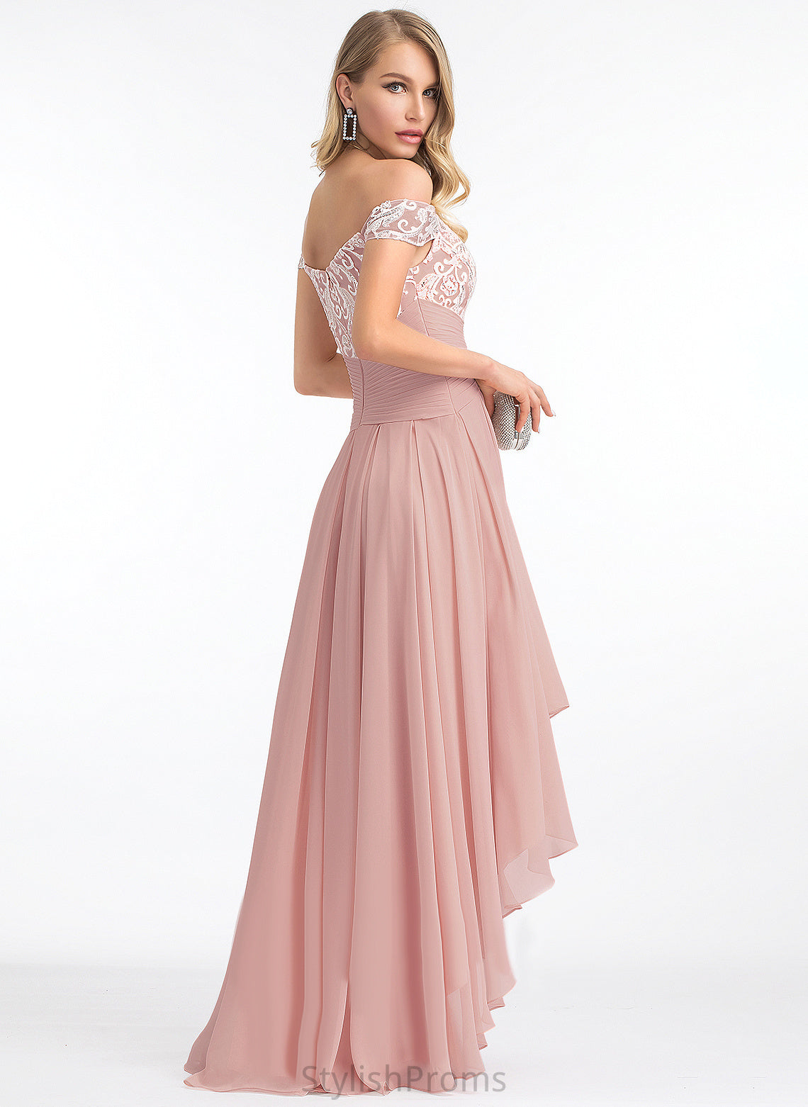 Off-the-Shoulder Asymmetrical Chiffon Prom Dresses Pleated Patti Lace With A-Line