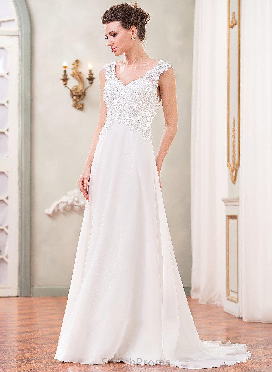 Alexandra Sequins Train Dress Wedding Beading With Lace V-neck Chiffon A-Line Wedding Dresses Sweep