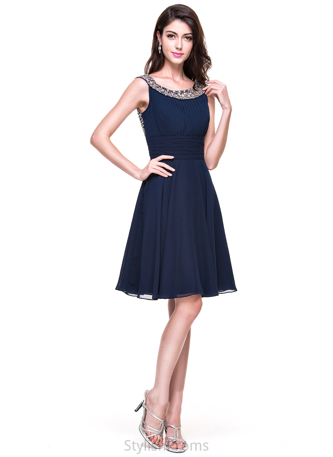 Neck Xiomara With Cocktail Dresses Scoop Dress Ruffle Knee-Length Chiffon A-Line Beading Cocktail