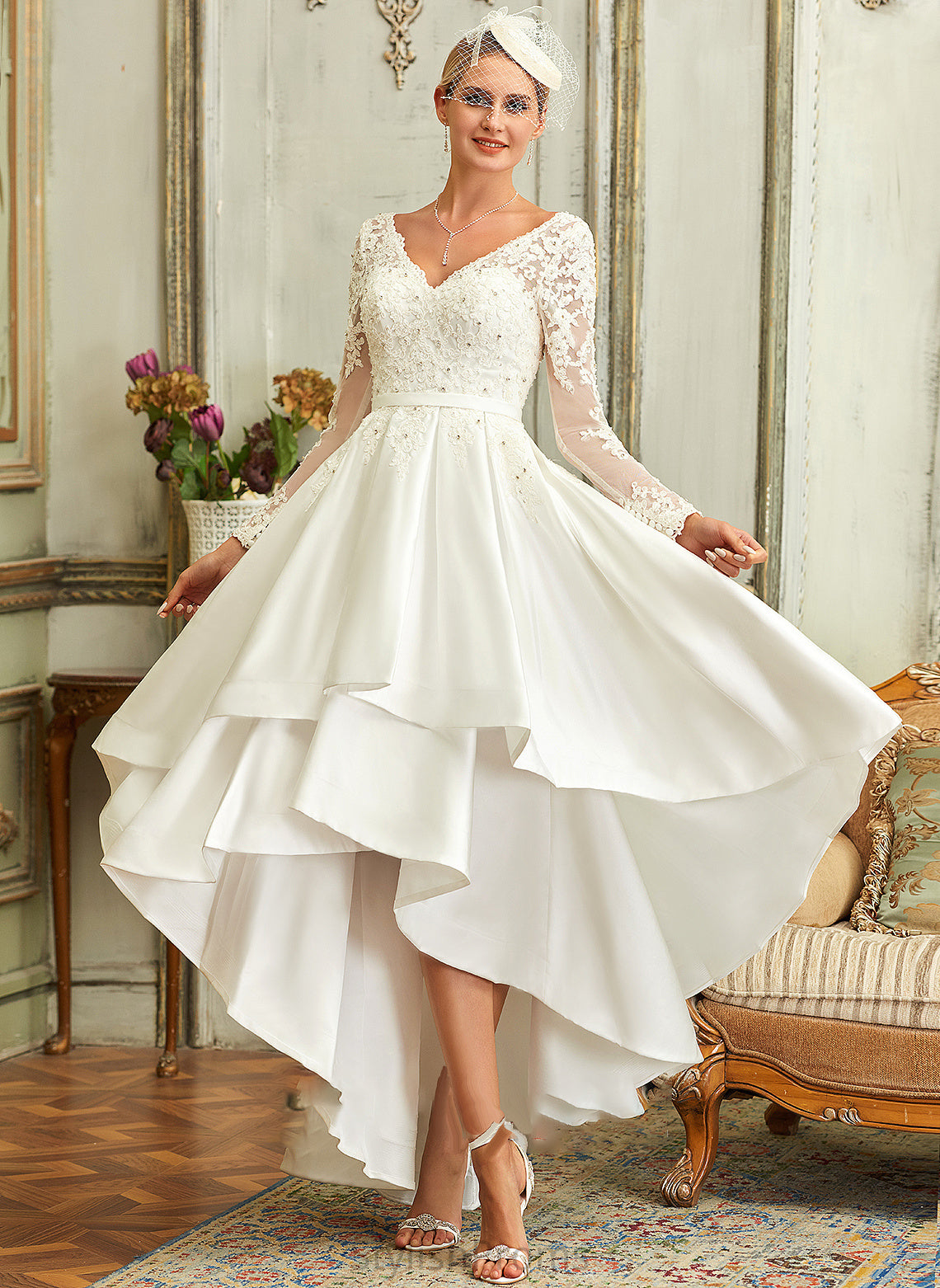 Wedding Wedding Dresses Dress V-neck A-Line Savannah Satin Lace Asymmetrical