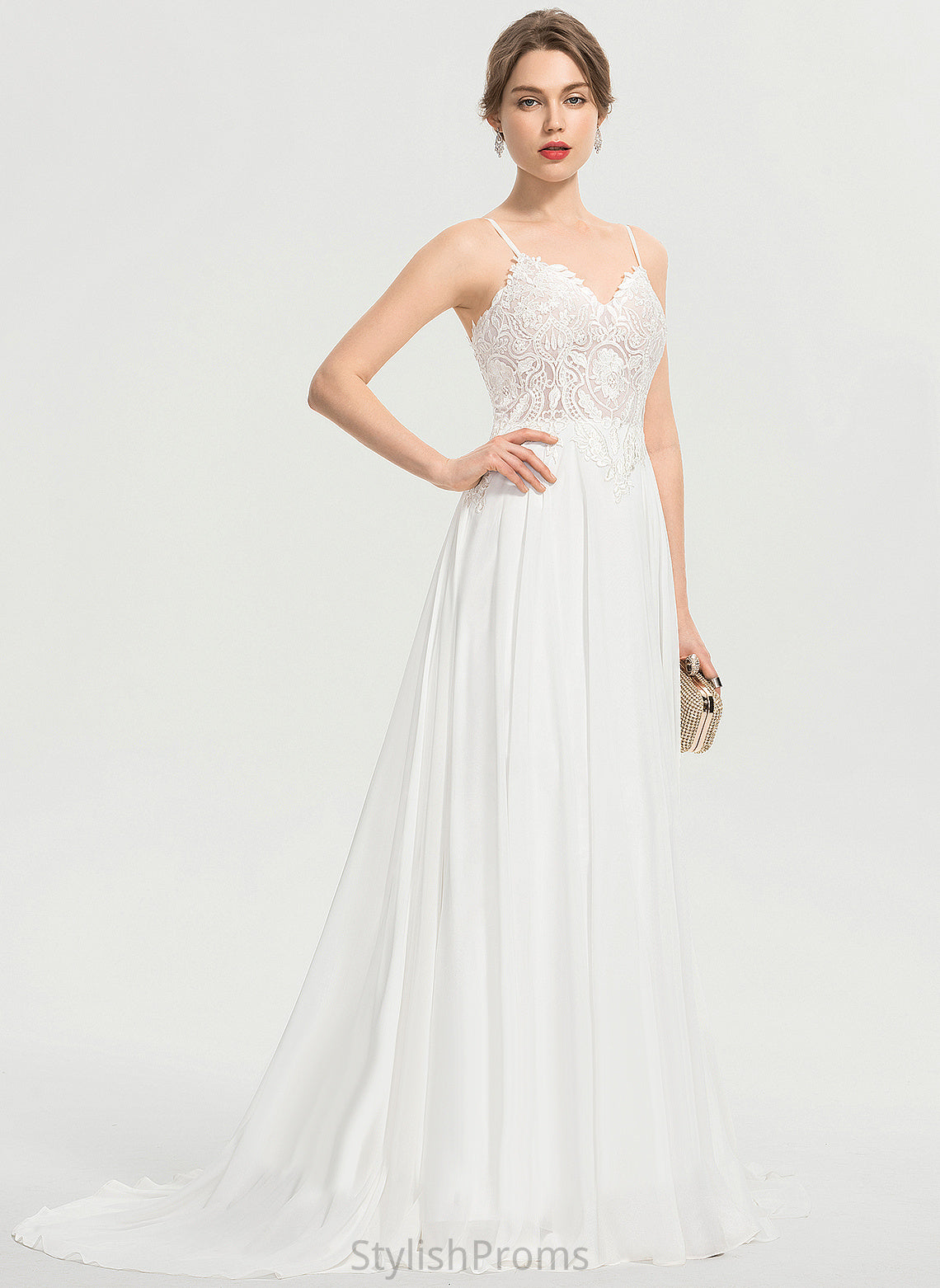 Train Wedding Chiffon Dress With Dalia Front V-neck Wedding Dresses Split A-Line Lace Sweep