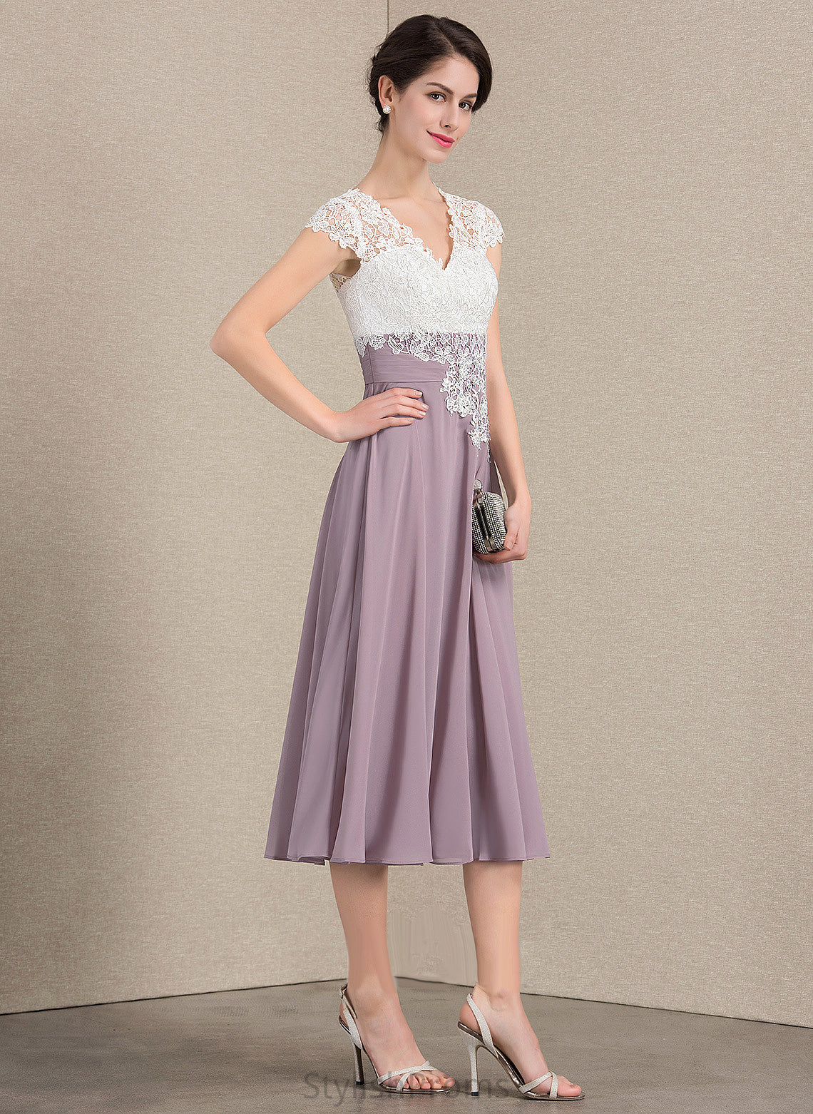 Cocktail V-neck Dress Tea-Length Briana Lace Cocktail Dresses A-Line Chiffon