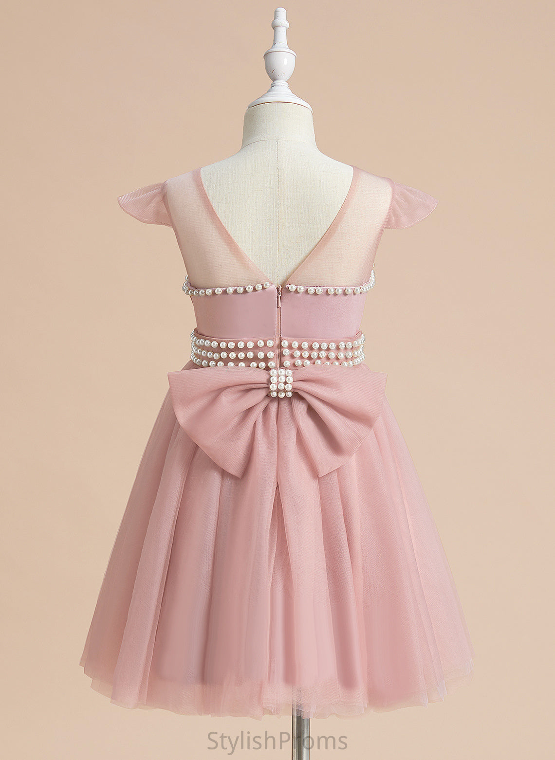 A-Line Selena Flower - Beading/Bow(s) Neck Girl Flower Girl Dresses Scoop Sleeveless Knee-length Dress Satin/Tulle With