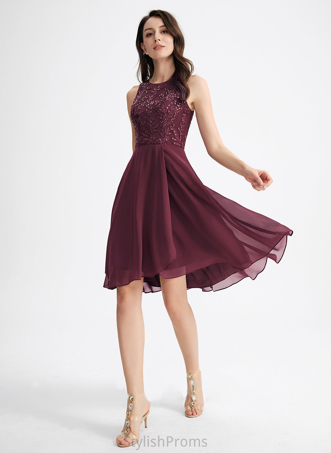 Chiffon Asymmetrical Scoop Cocktail Dresses Sequins Dress Neck Lace Cocktail A-Line With Halle