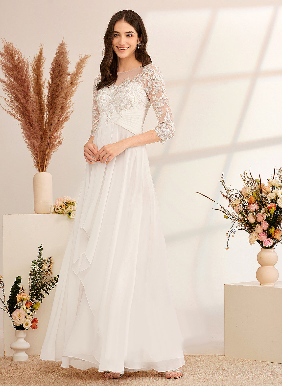 Chiffon Ruffle Wedding Dresses With Illusion Charlie Floor-Length Wedding Dress Beading A-Line Lace