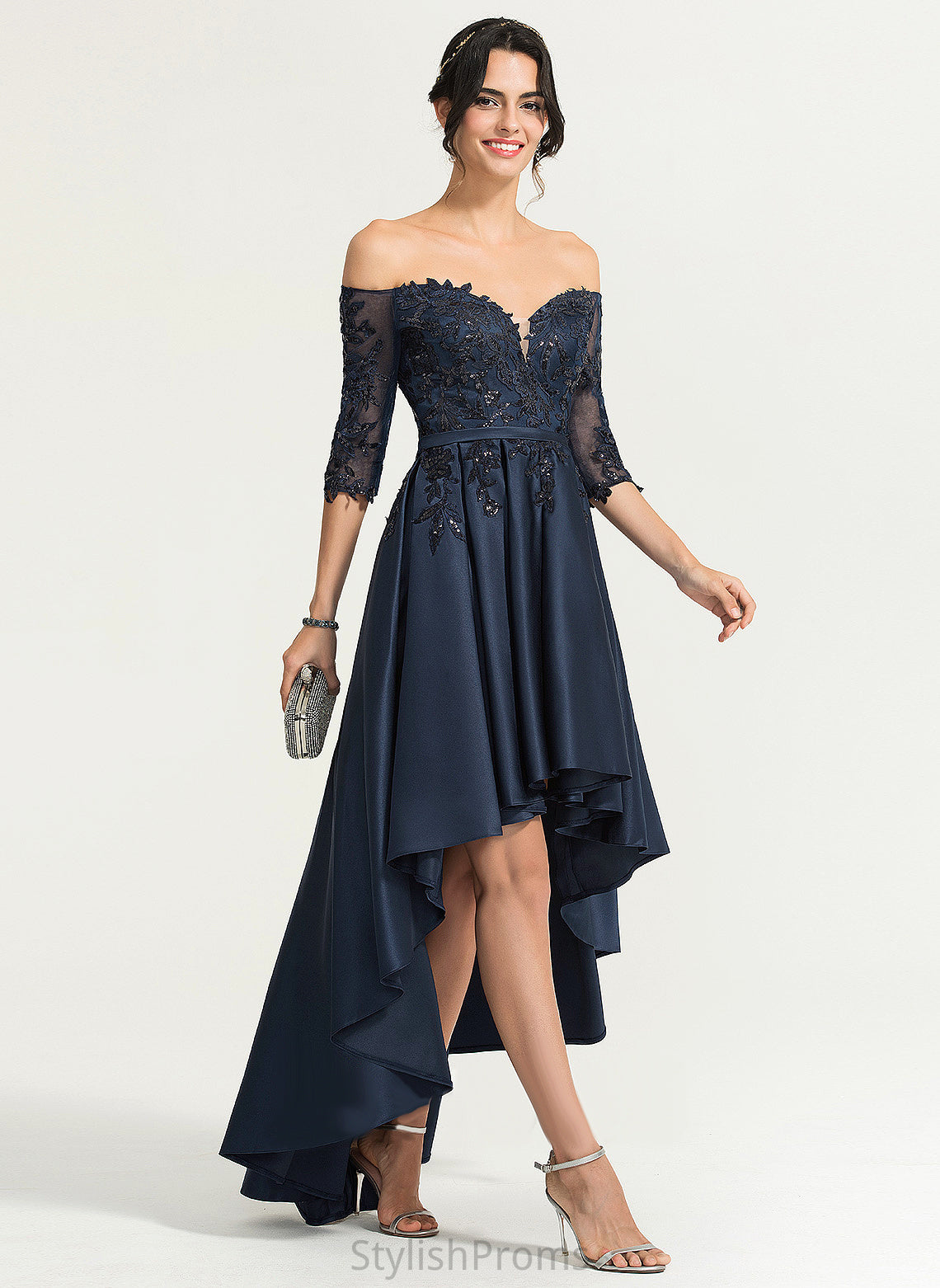 Satin Off-the-Shoulder Asymmetrical A-Line Lace Amaya Prom Dresses