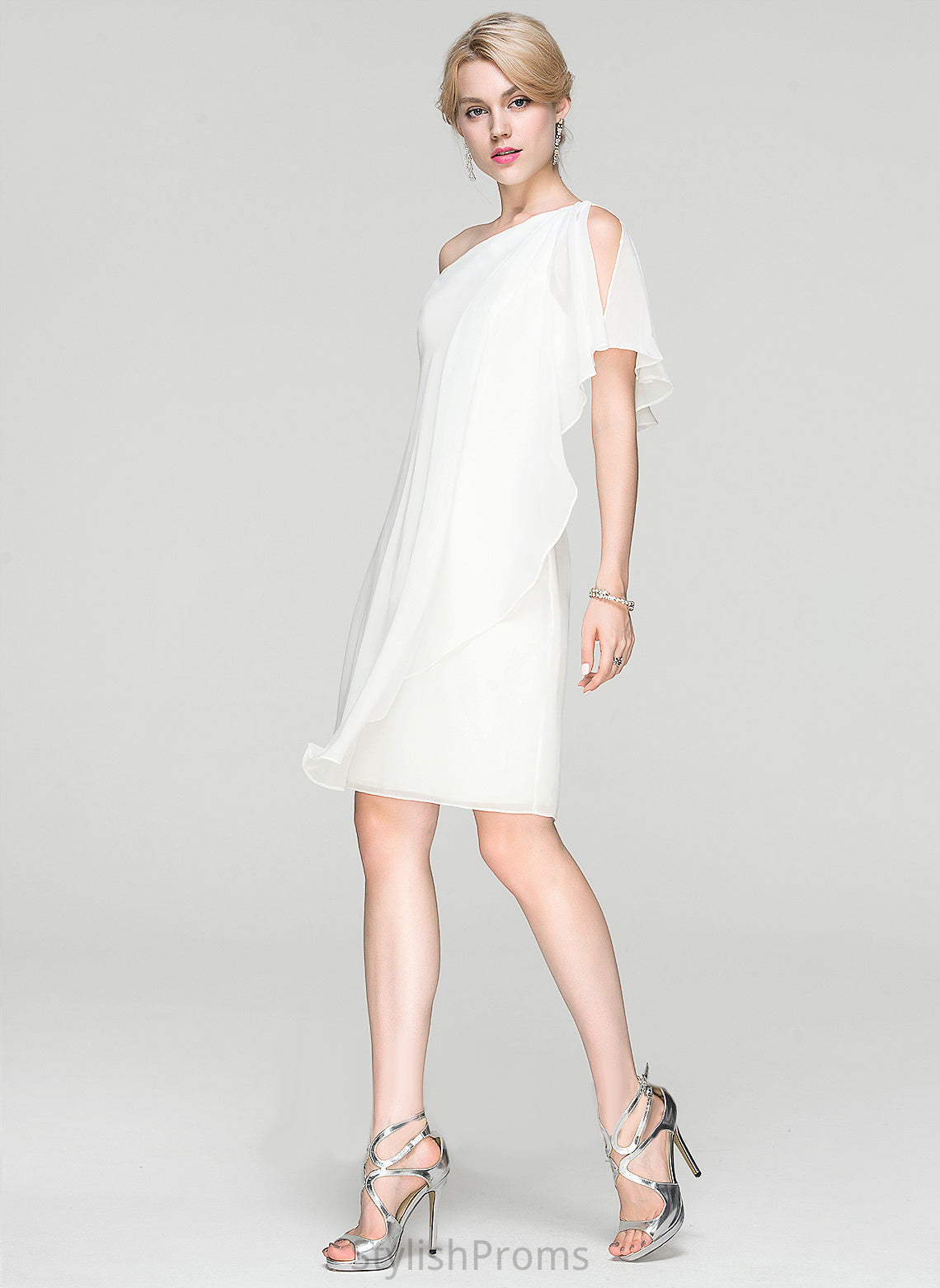 Cocktail Sheath/Column Ruffle Chiffon Knee-Length Sydnee One-Shoulder With Dress Cocktail Dresses