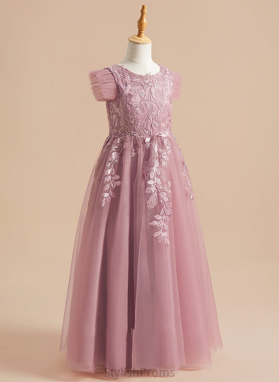 Short Neck Girl A-Line Piper Floor-length Dress Tulle Flower Scoop Sleeves - Flower Girl Dresses