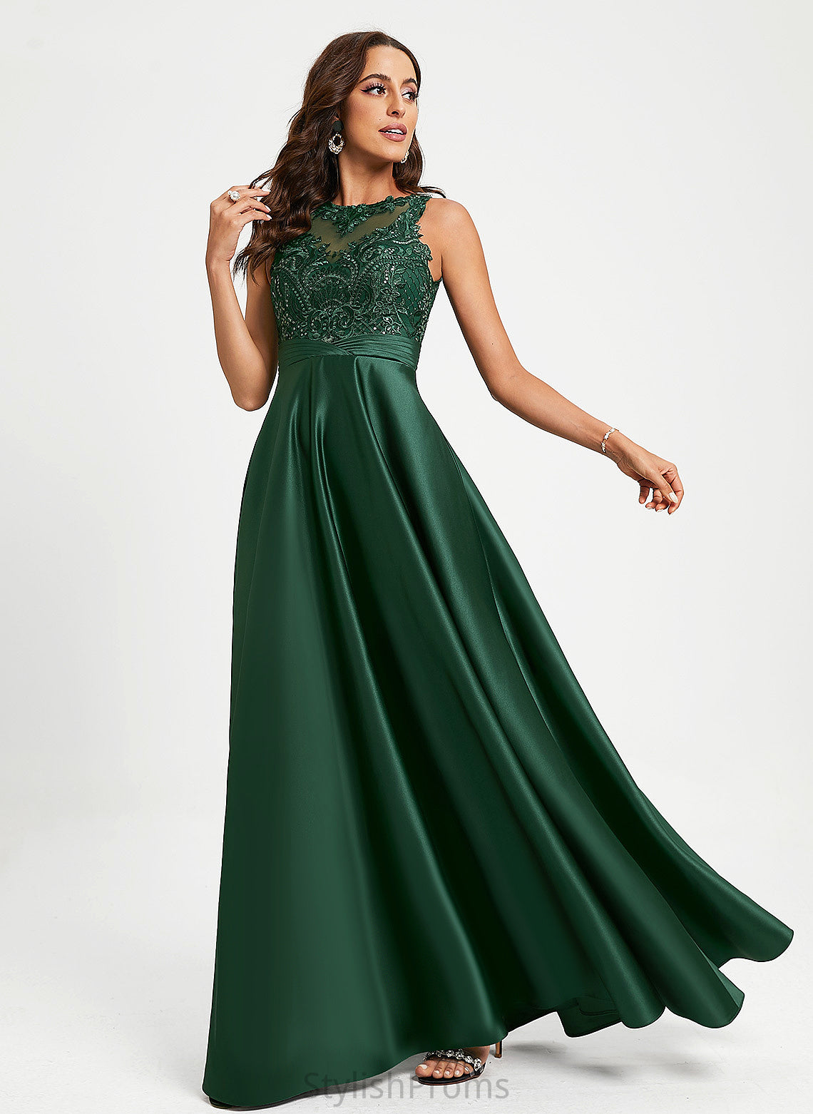 Jemima Lace Sequins Prom Dresses With Satin Scoop Floor-Length Ball-Gown/Princess