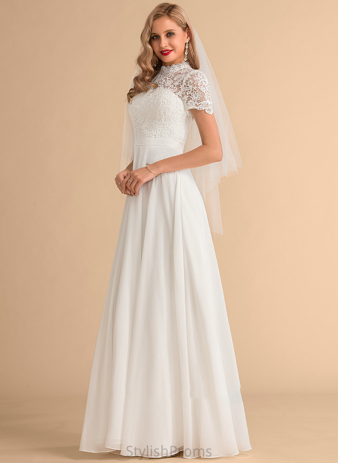 Chiffon Dress Lace High Wedding Dresses A-Line Neck Wedding Angelique Floor-Length