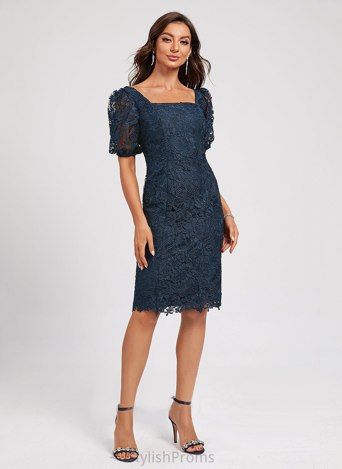 Square With Knee-Length Neckline Dress Lace Lace Trudie Cocktail Sheath/Column Cocktail Dresses