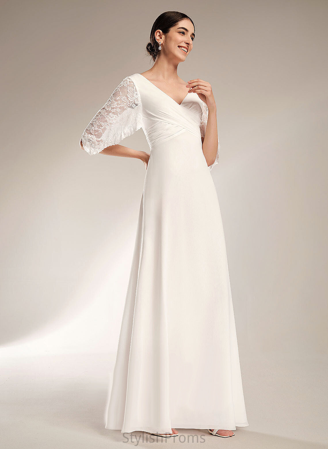 Natalya Floor-Length Dress Wedding Chiffon Wedding Dresses V-neck Sheath/Column Lace