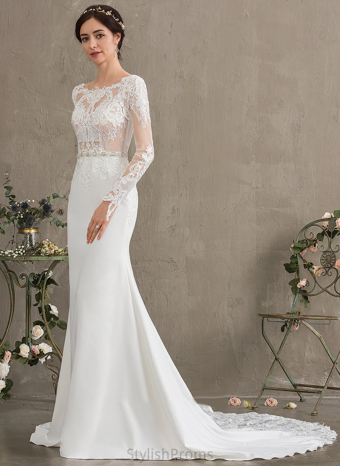 With Neck Lace Sequins Dress Beading Stretch Lindsey Wedding Dresses Scoop Chapel Wedding Trumpet/Mermaid Crepe Train