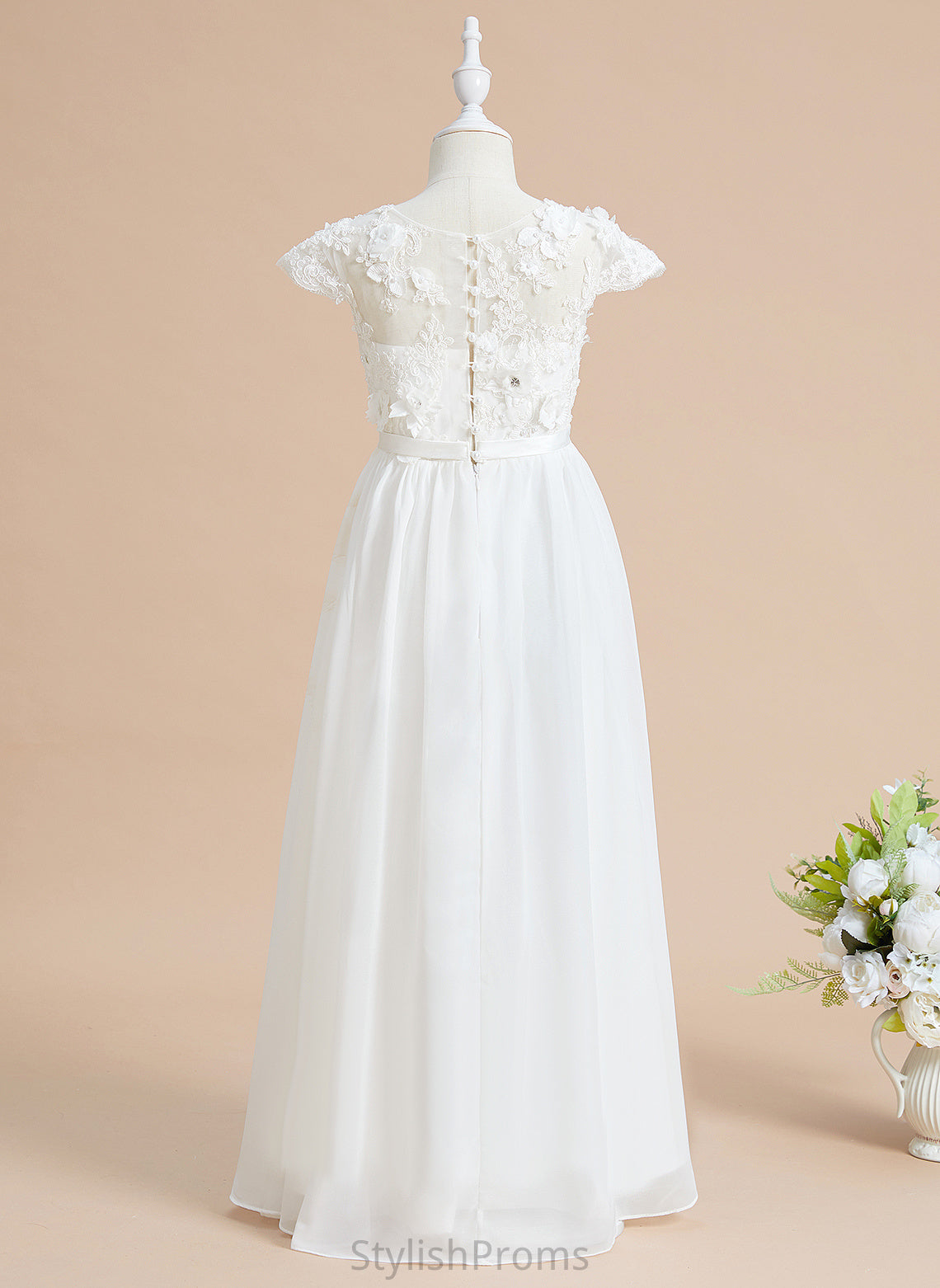 Kit Dress Scoop Girl A-Line Flower Neck Chiffon/Lace Flower(s) Flower Girl Dresses Floor-length Sleeves - With Short