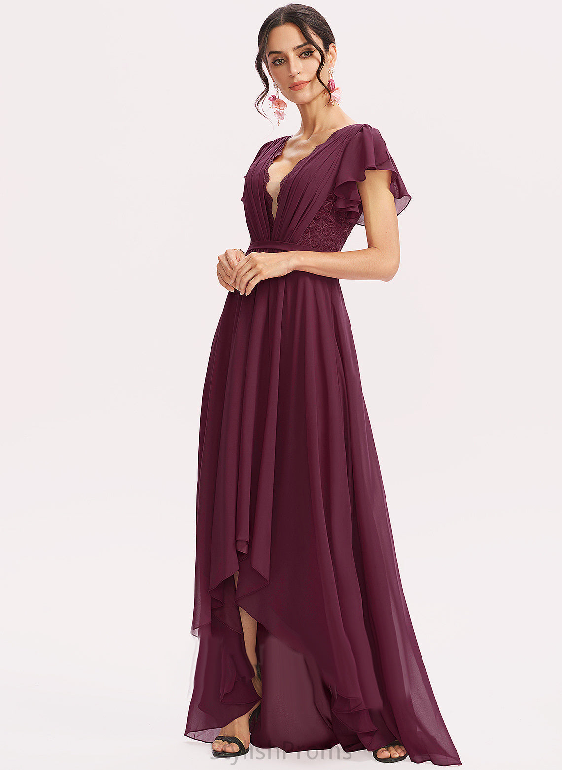 Ruffles Dress Asymmetrical Cocktail Cascading With Chiffon Tiffany V-neck A-Line Cocktail Dresses Lace