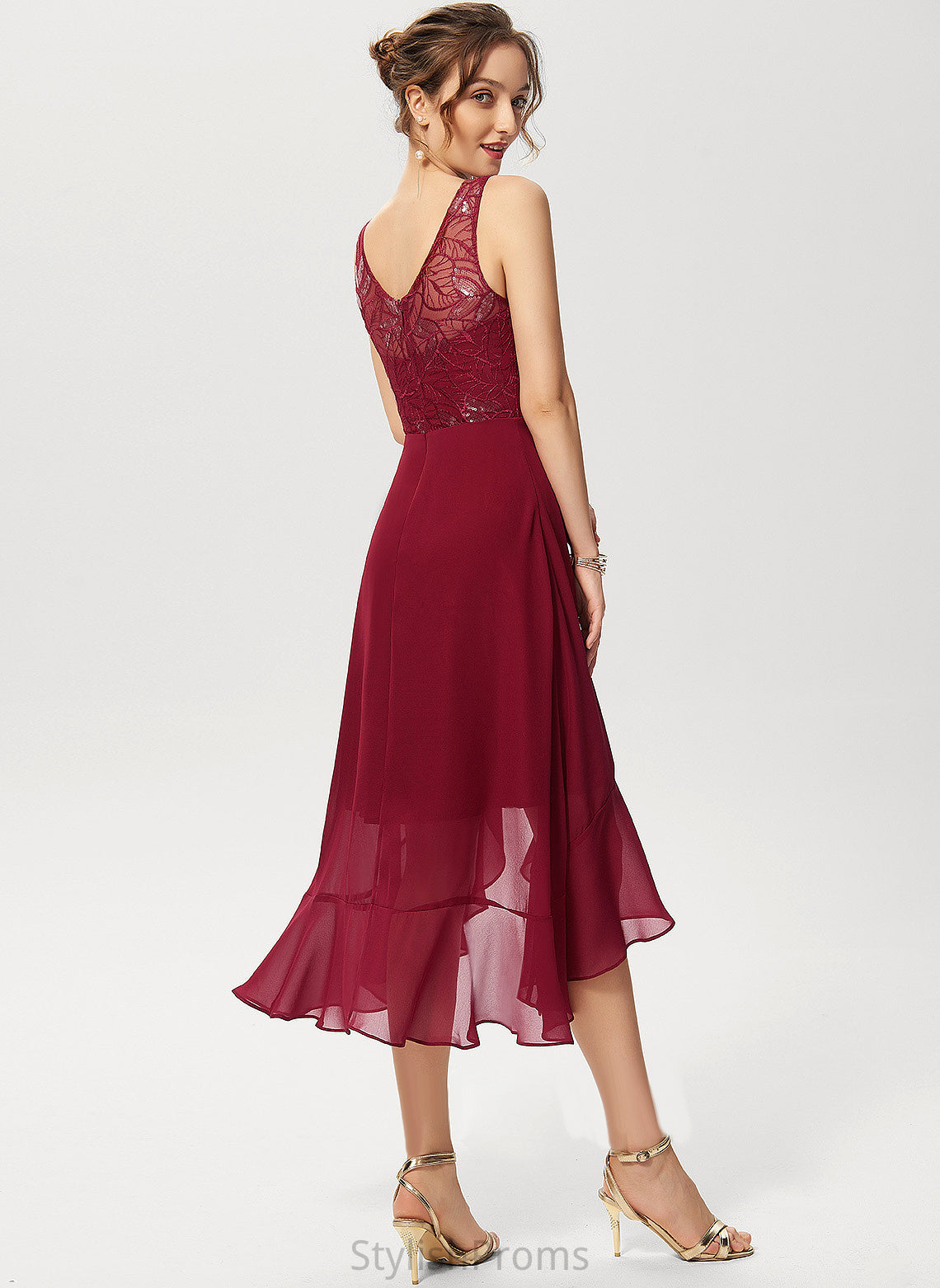 Chiffon Lillianna Sequins Asymmetrical Cocktail A-Line With Ruffles Neck Dress Scoop Lace Cascading Cocktail Dresses