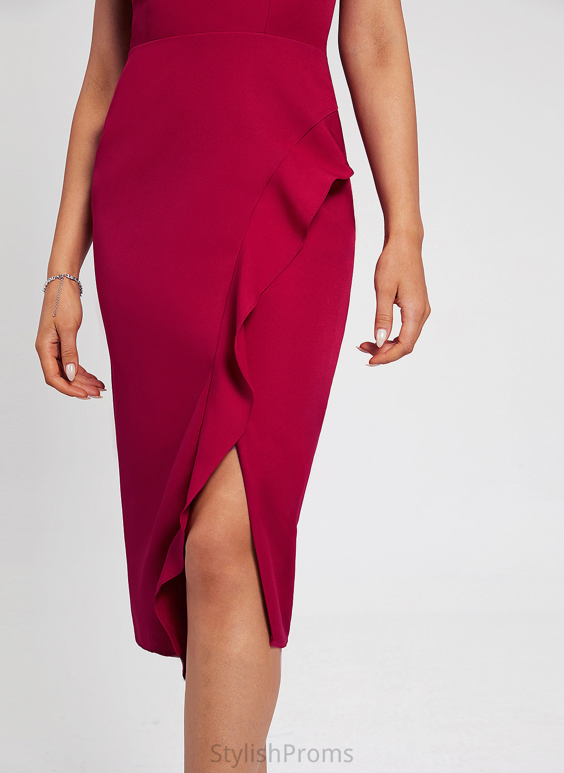 Mercedes Split Bodycon Crepe Cocktail V-neck With Ruffle Stretch Club Dresses Dress Front Knee-Length