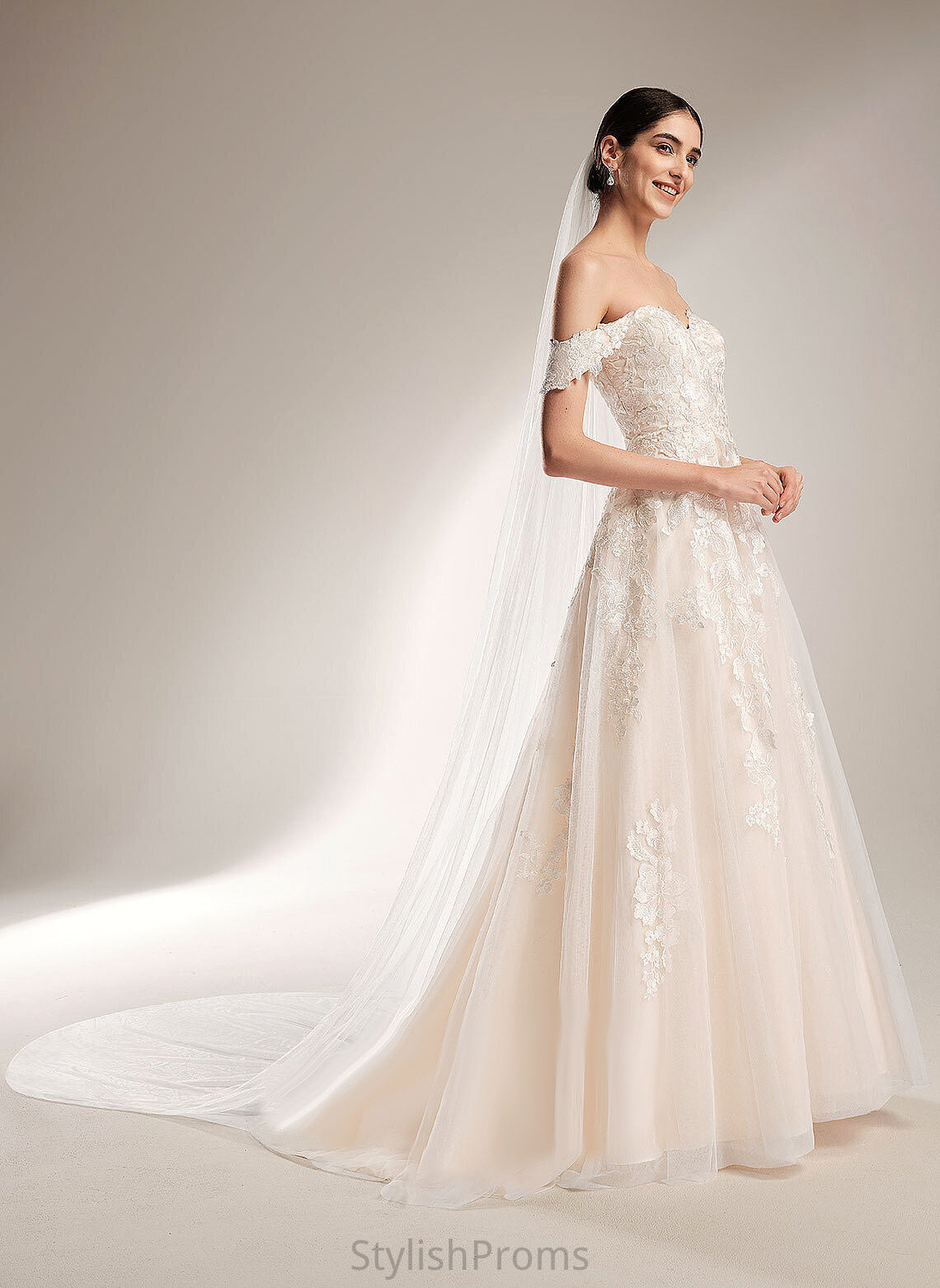 Tulle Ball-Gown/Princess Lace Off-the-Shoulder Dress Wedding Wedding Dresses Kinsley Chapel Train