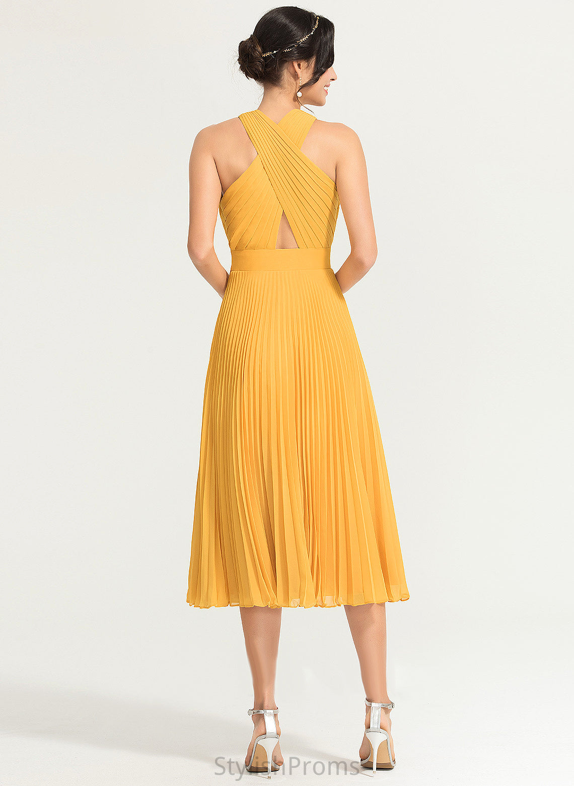 Tea-Length Yamilet With Pleated Cocktail Cocktail Dresses V-neck Dress A-Line Chiffon