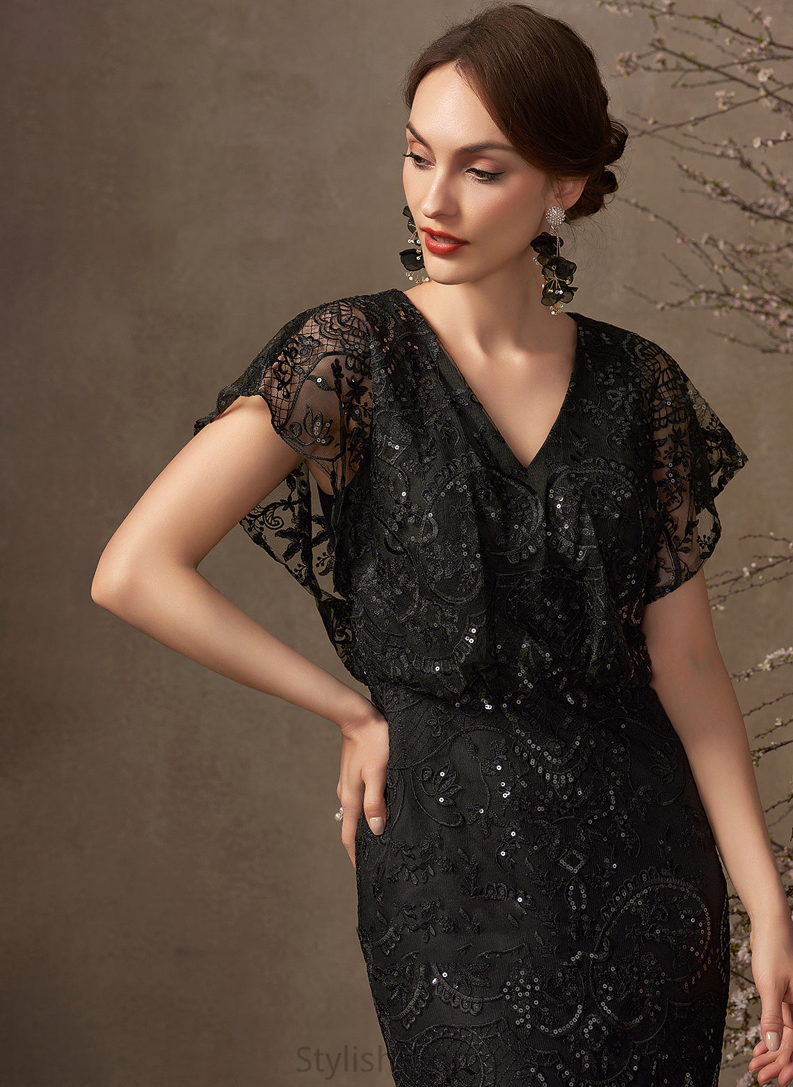 Addison Dress Chiffon Ankle-Length Sequins Cocktail Lace V-neck With Sheath/Column Cocktail Dresses