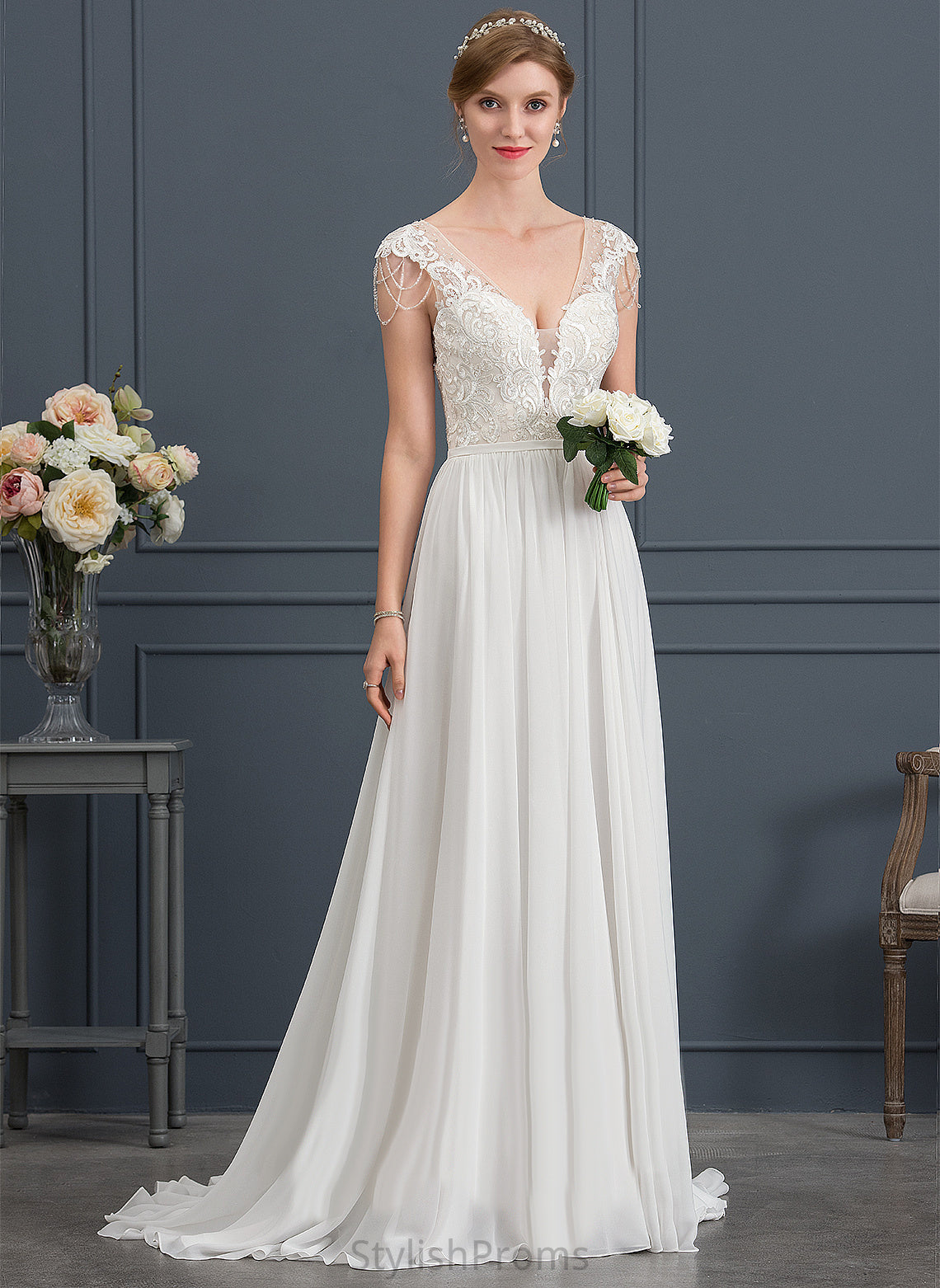 Janice Train With Sequins Lace Dress A-Line Sweep Wedding Dresses Beading V-neck Wedding Chiffon