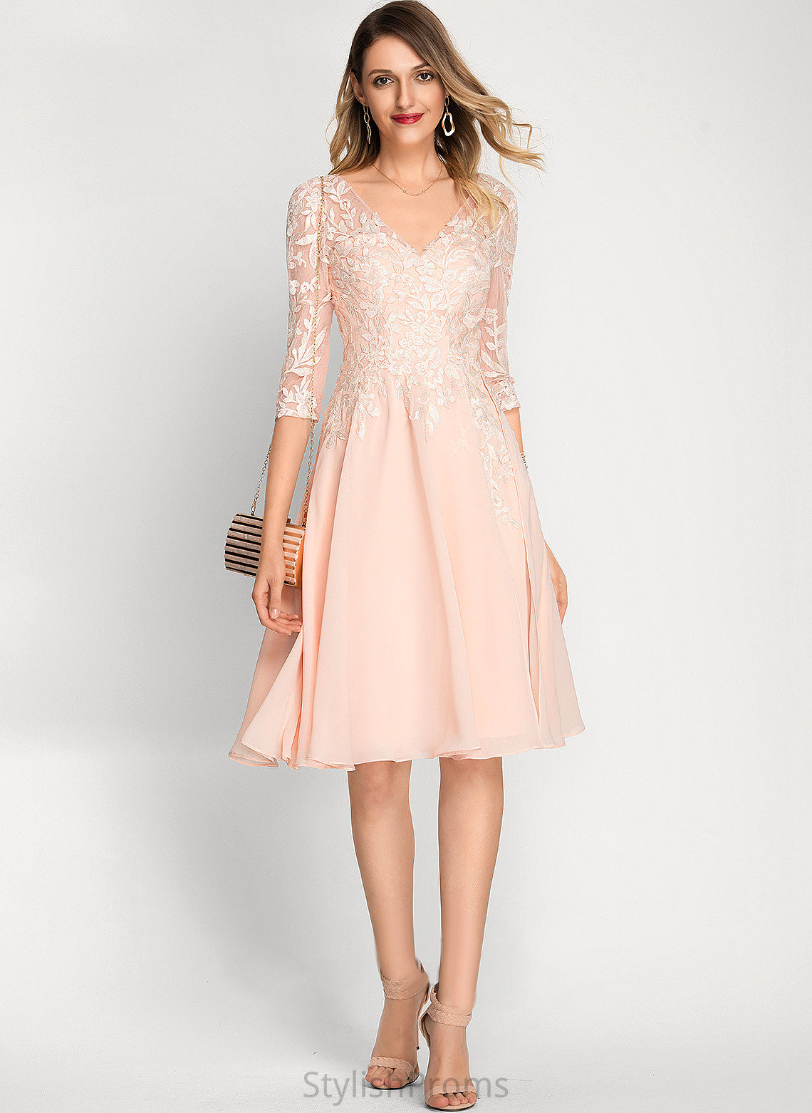 Lace Dress A-Line With Sequins Chiffon Knee-Length Cocktail Dresses V-neck Cocktail Willa