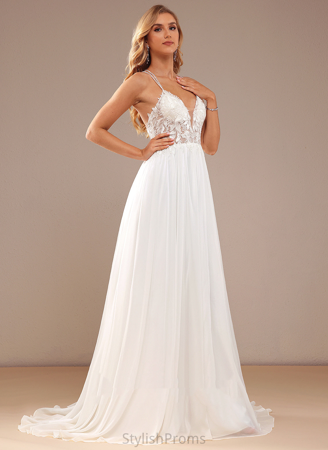 Beading Sweep Lace With Dress Wedding Lace Train Chiffon Sequins Cherish A-Line V-neck Wedding Dresses